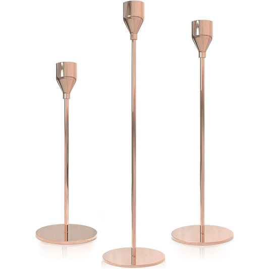 Rose Gold Taper Candle Holder Set of 3, Tall Metal Candlestick Holders Home Deco