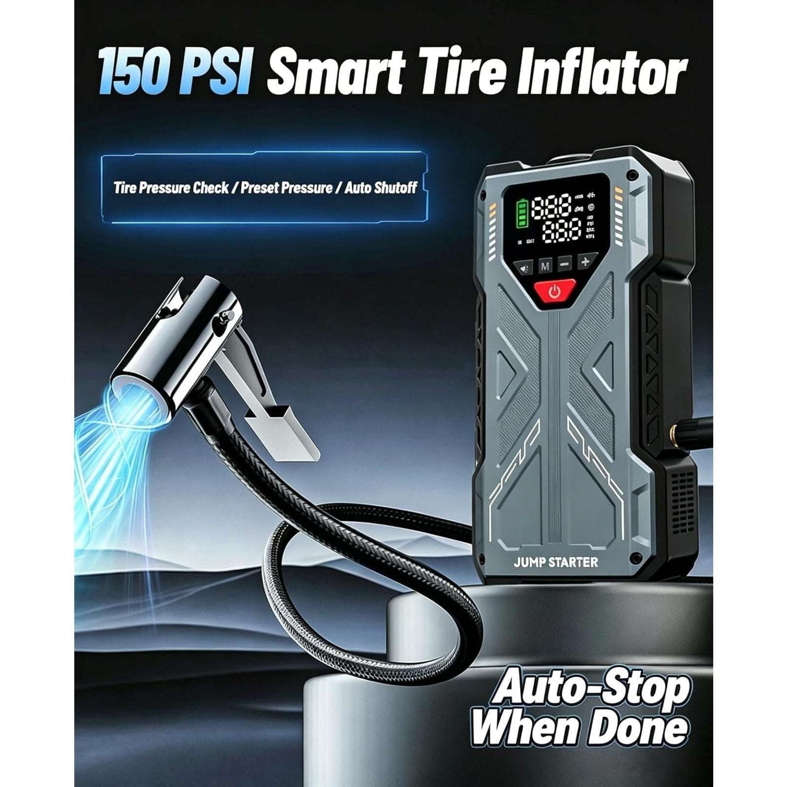 Portable Car 4000A 12V Battery Jump Starter, TPM, 150PSI Inflator, Power Bank +