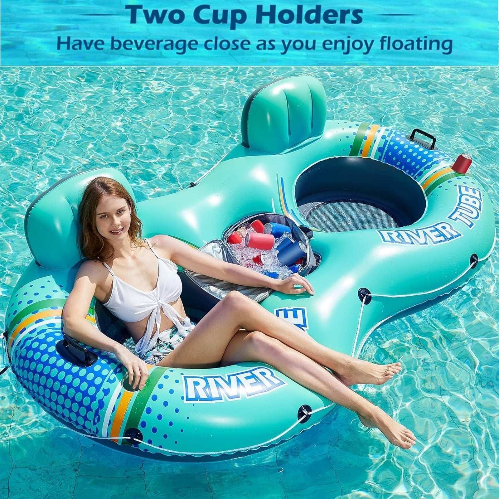 Inflatable 2 Person River Tube Float w/ Cooler Heavy Duty Double Water Pool Lake