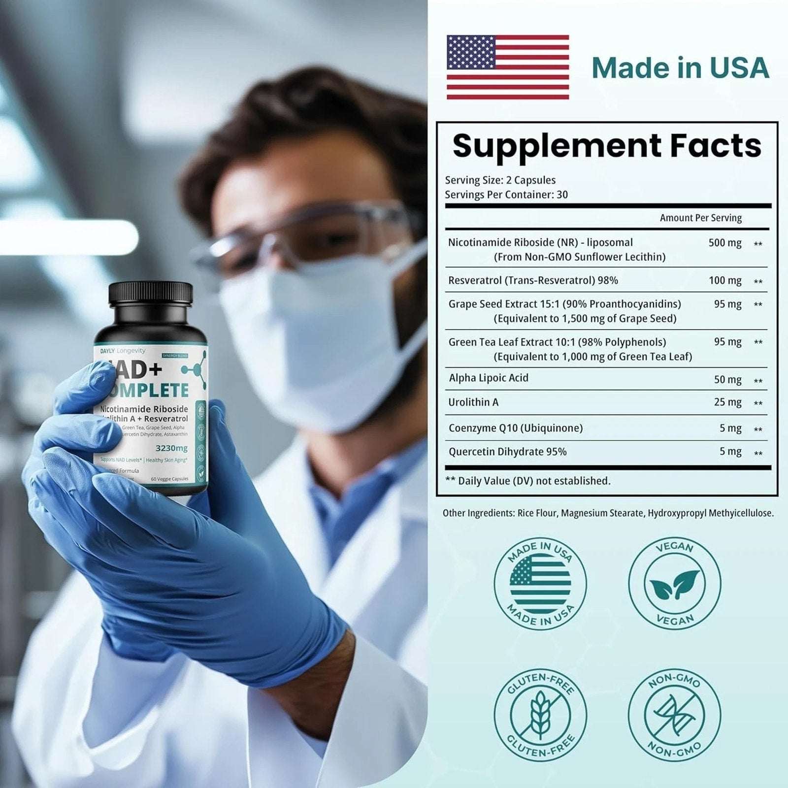 Dayly NAD+ 3230mg Nicotinamide Riboside NAD Resveratrol Supplement 1-Pack 30 Ct