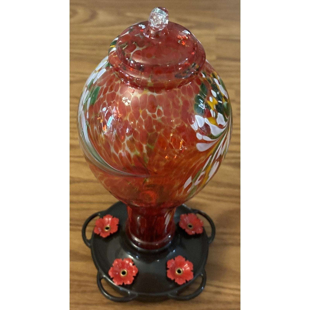 36OZ Hand Blown Glass Hanging Hummingbird Feeder with 5 Flower Feeding Stations