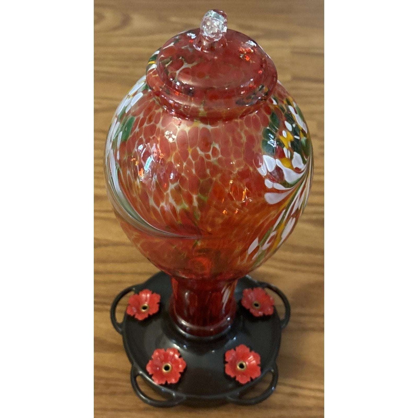 36OZ Hand Blown Glass Hanging Hummingbird Feeder with 5 Flower Feeding Stations