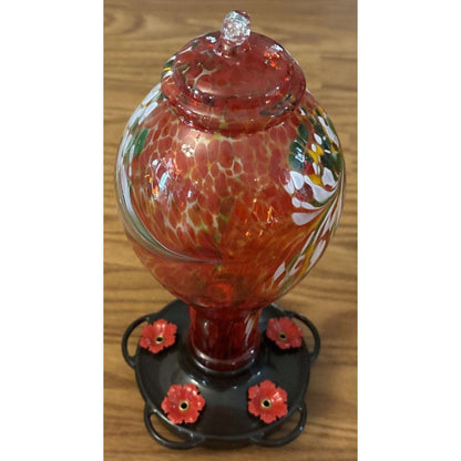 36OZ Hand Blown Glass Hanging Hummingbird Feeder with 5 Flower Feeding Stations