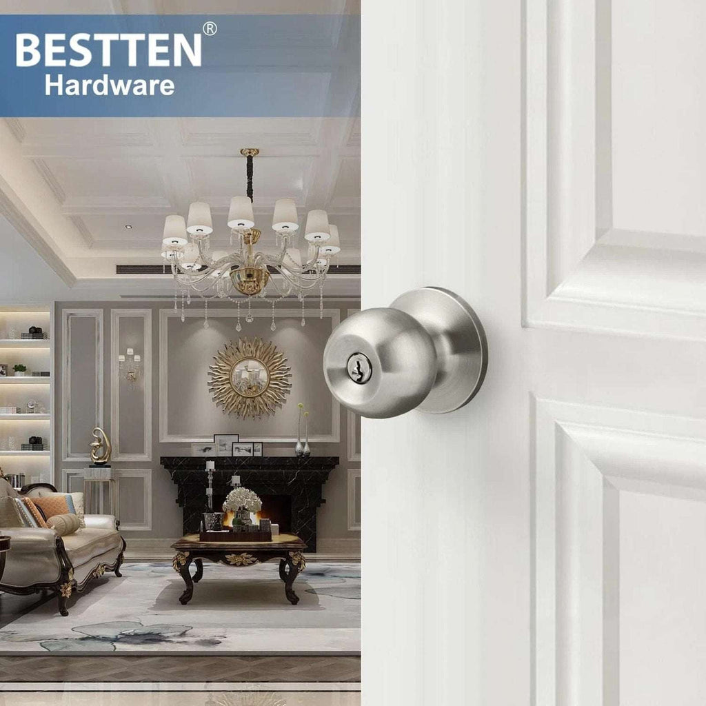2Pk BESTTEN Keyed Entry Door Knob w/ Lock Satin Nickel Round Interior & Exterior