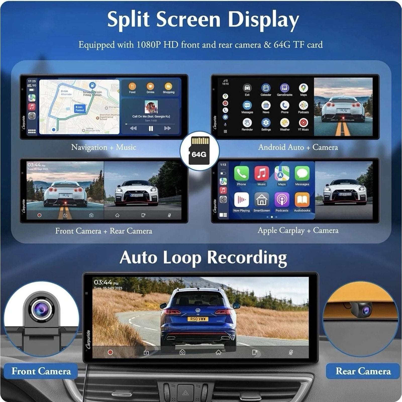 CARPURIDE W903 Smart Multimedia Wireless Carplay & Android Auto with Dash Camera