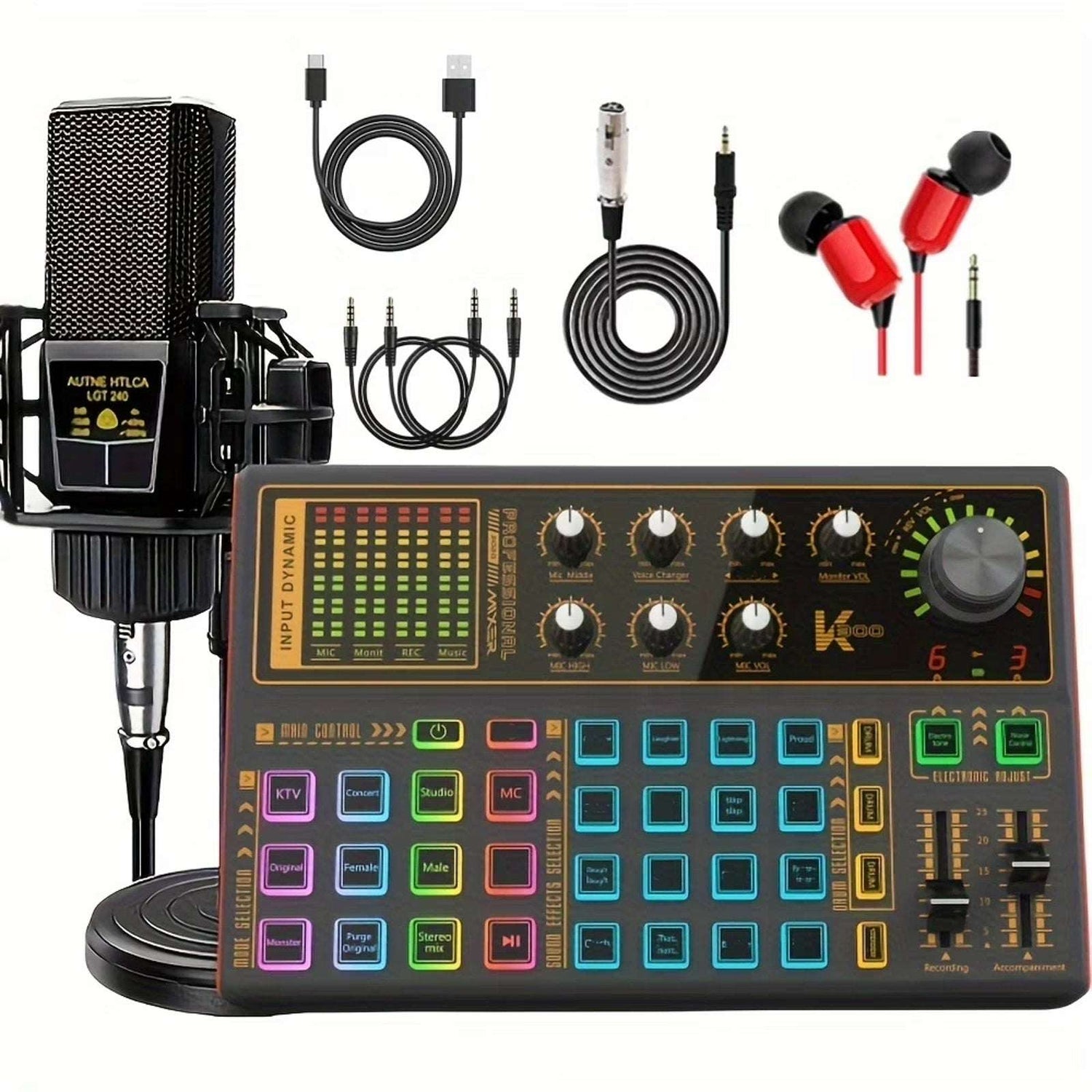 Podcast Equipment Bundle Live Sound Card Audio Mixer 3.5mm Condenser Microphone