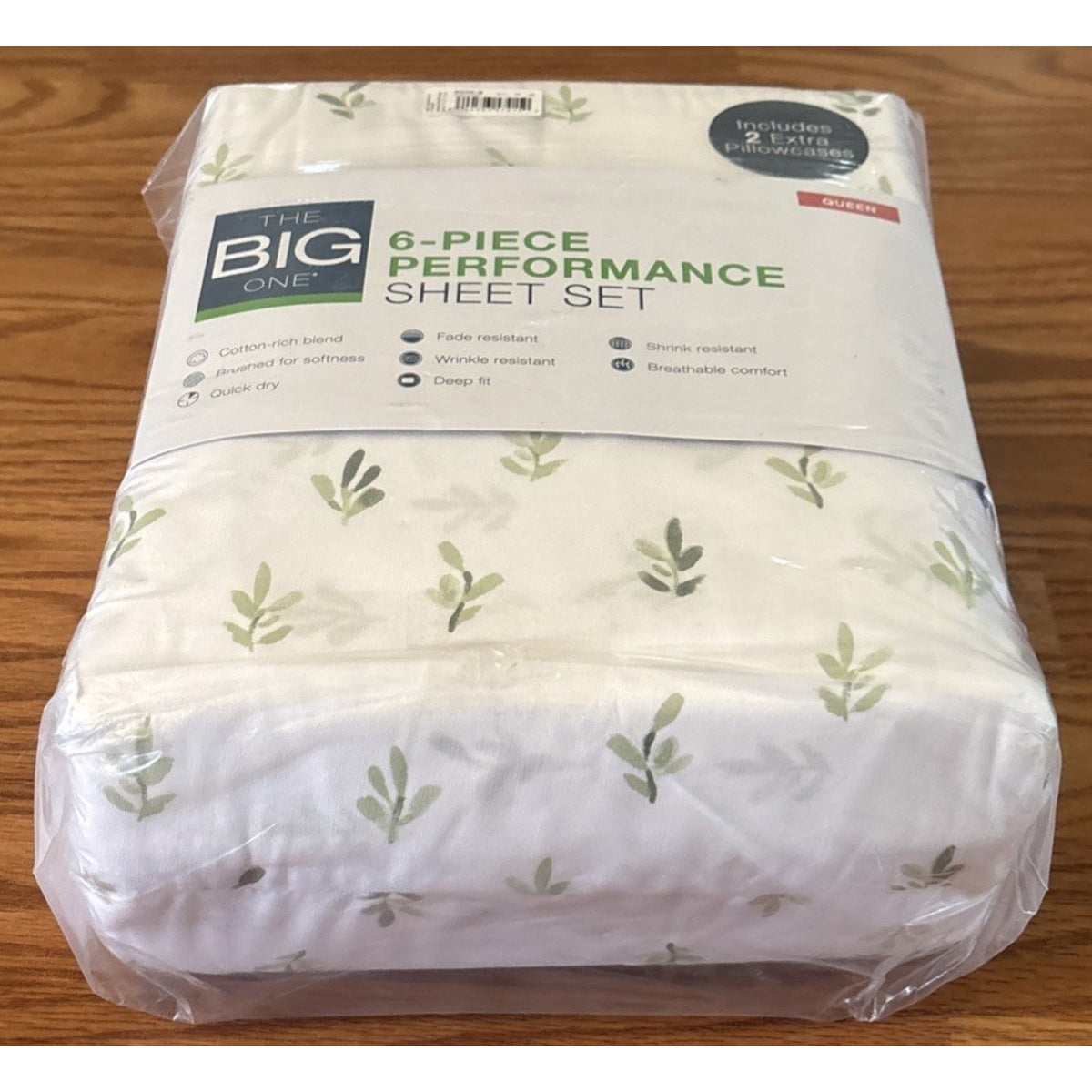 The Big One Queen Sheet Set 6PC Deep Fit Brushed Cotton Foliage White & Green