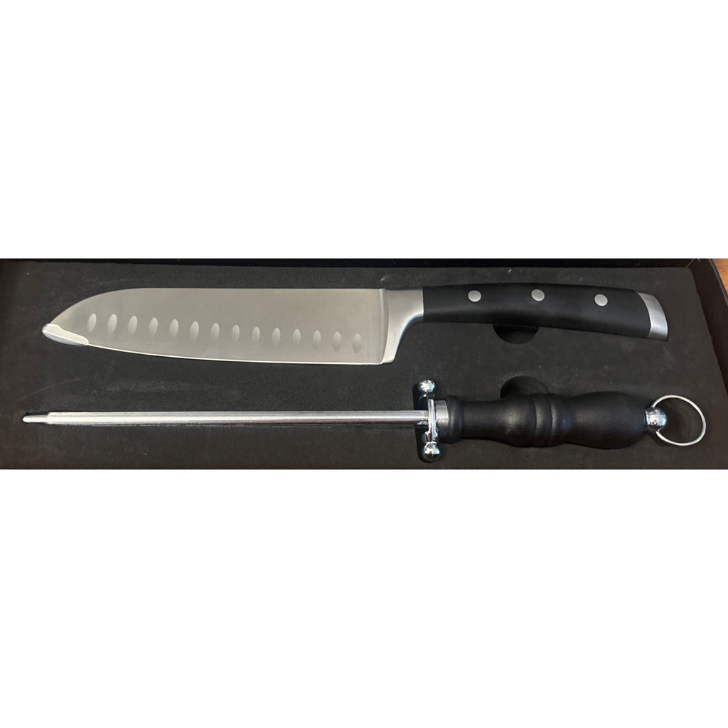 2Pc Classic 7" Hollow Edge Granton Santoku Knife and 8" Honing Rod Set