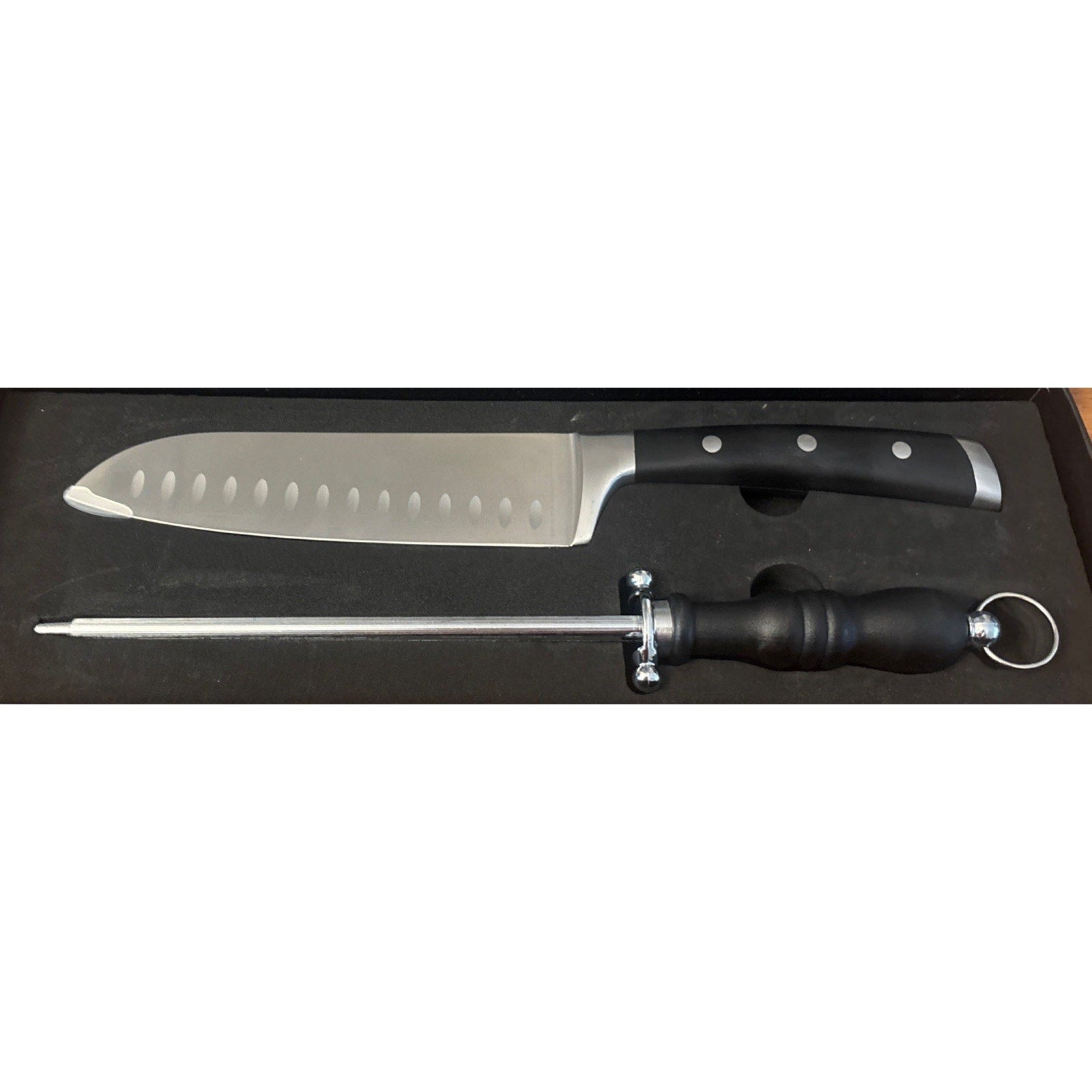 2Pc Classic 7" Hollow Edge Granton Santoku Knife and 8" Honing Rod Set