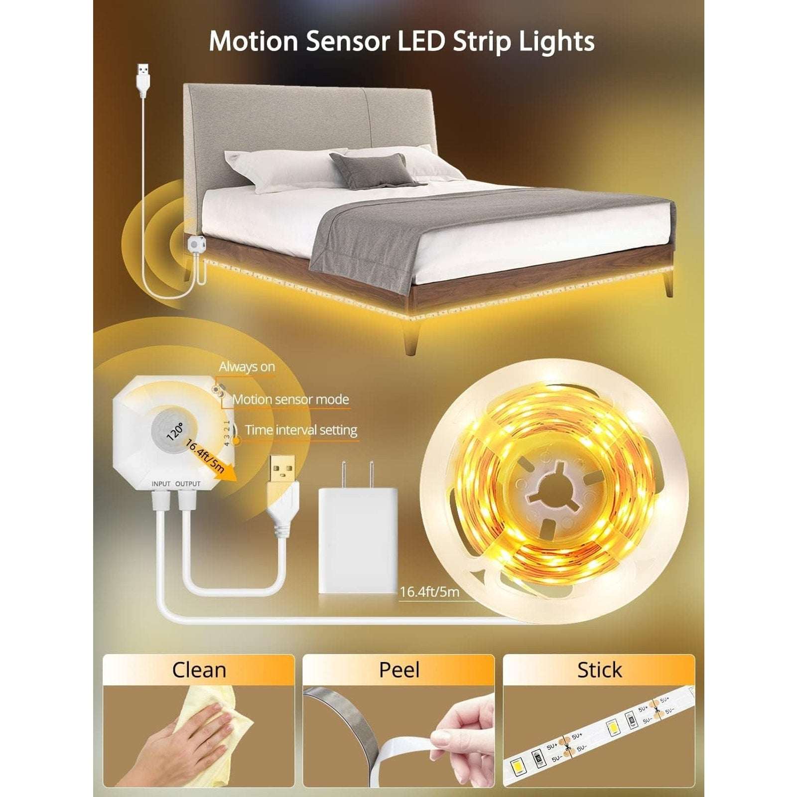 Motion Sensor LED Light Strip 16.4Ft Warm White 3000K & Multi-Colored USB Power