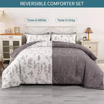 Bedsure Queen Comforter Set - Gray & White Cute Floral Bedding - Reversible