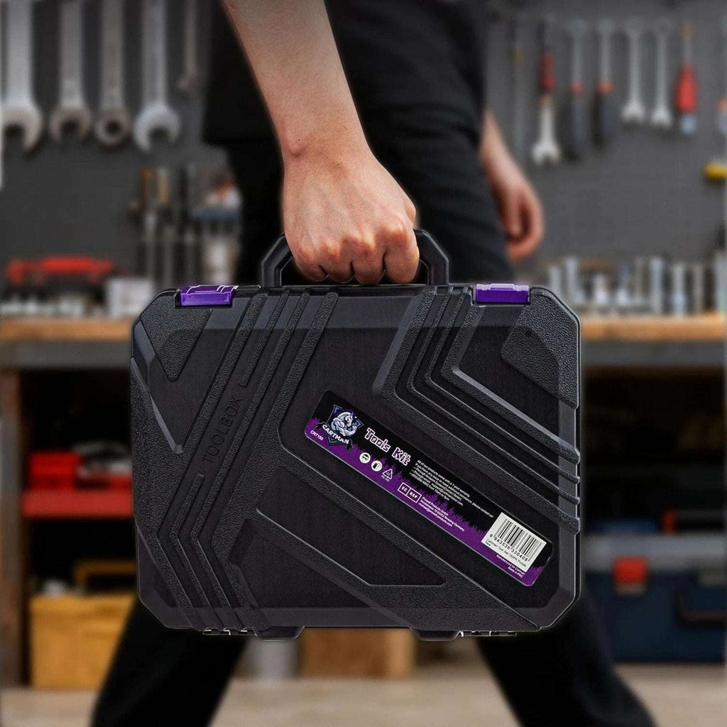 CARTMAN 150 Piece Tool Set, Home Tool Kit w/ 8V Purple Cordless Drill Set & Case
