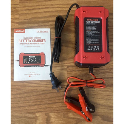 NEXPEAK 15A Smart Battery Charger 12V 24V 9 Stage Trickle LiFePO4 Car Truck Boat