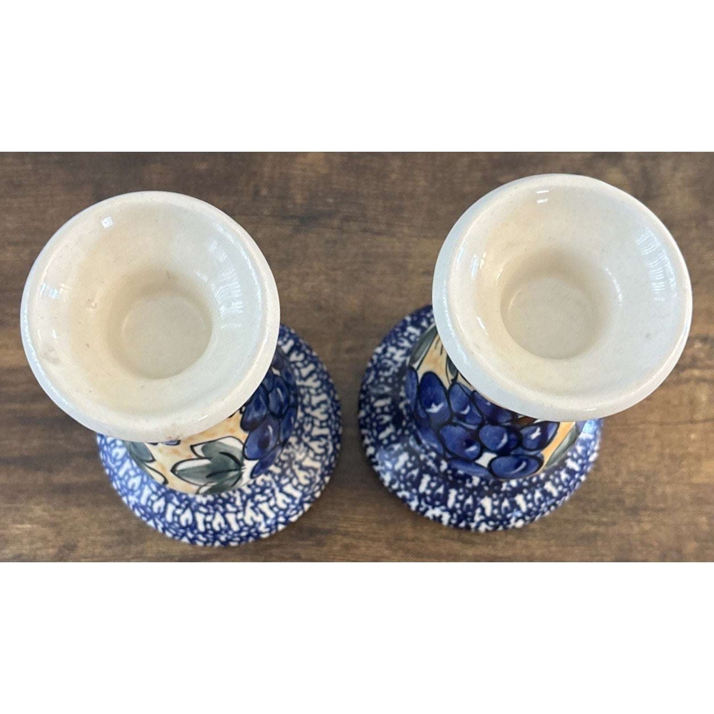 Blue Rose Polish Pottery Boleslawiec 7" Candlestick Pair Blue White Grapes