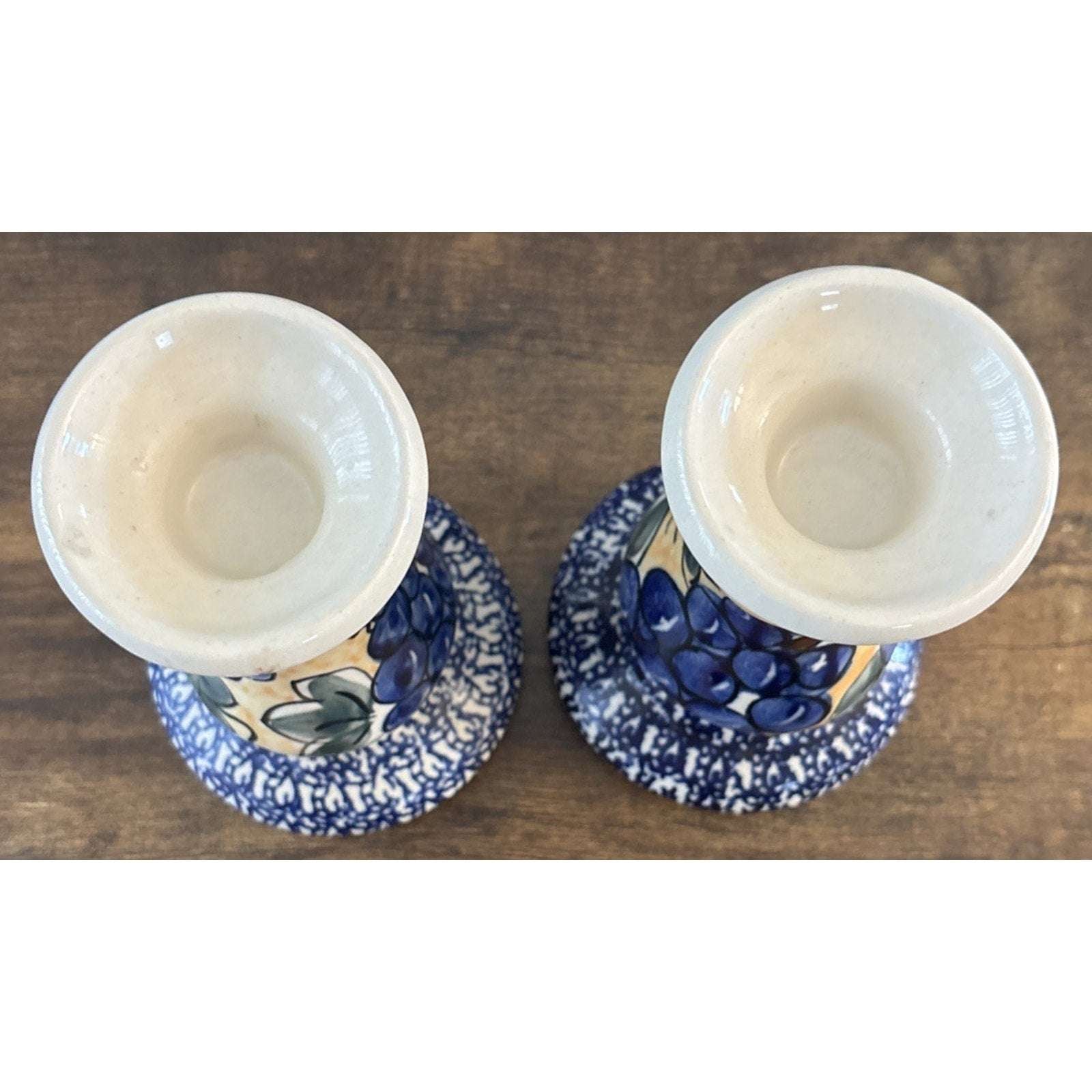 Blue Rose Polish Pottery Boleslawiec 7" Candlestick Pair Blue White Grapes