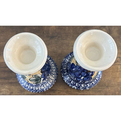 Blue Rose Polish Pottery Boleslawiec 7" Candlestick Pair Blue White Grapes