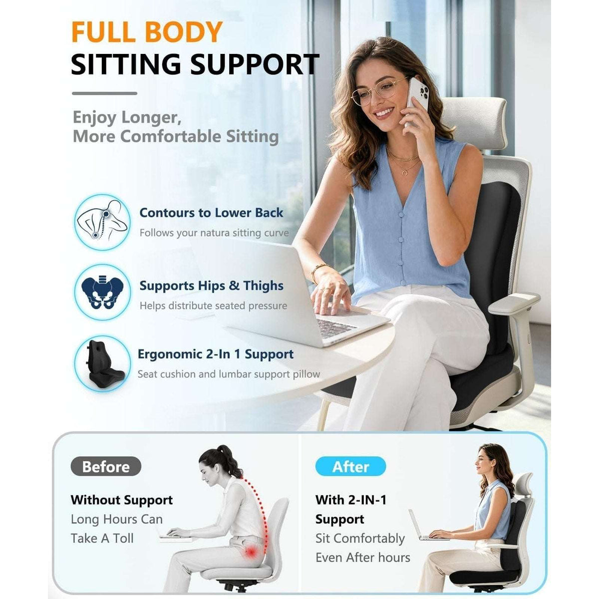 Ergonomic Memory Foam Back Support Pillow & Seat Cushion Lumbar to Coccyx Relief