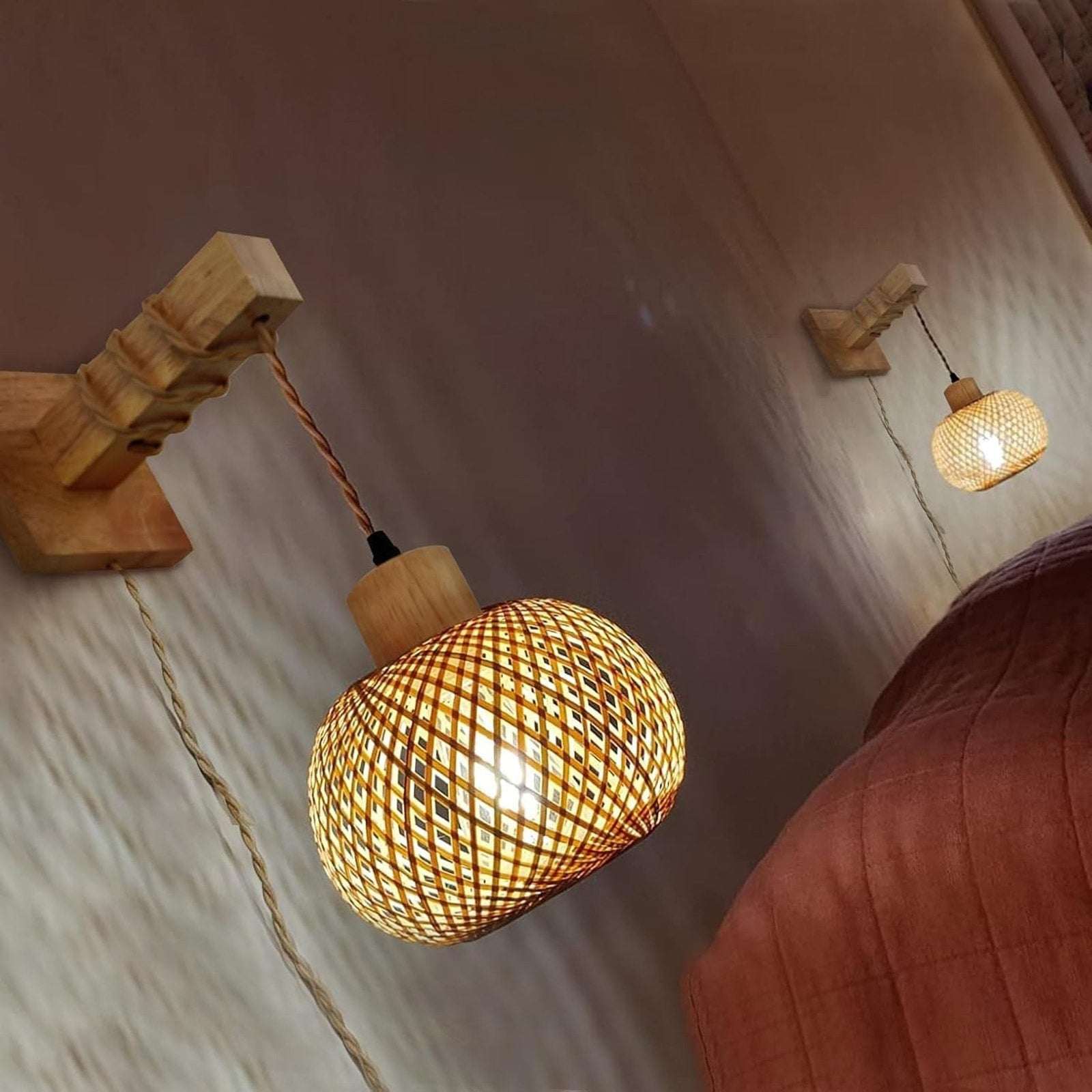 Plug in Wall Sconces Set of 2, Bamboo Hand Woven Rustic Hanging Light Fixtures