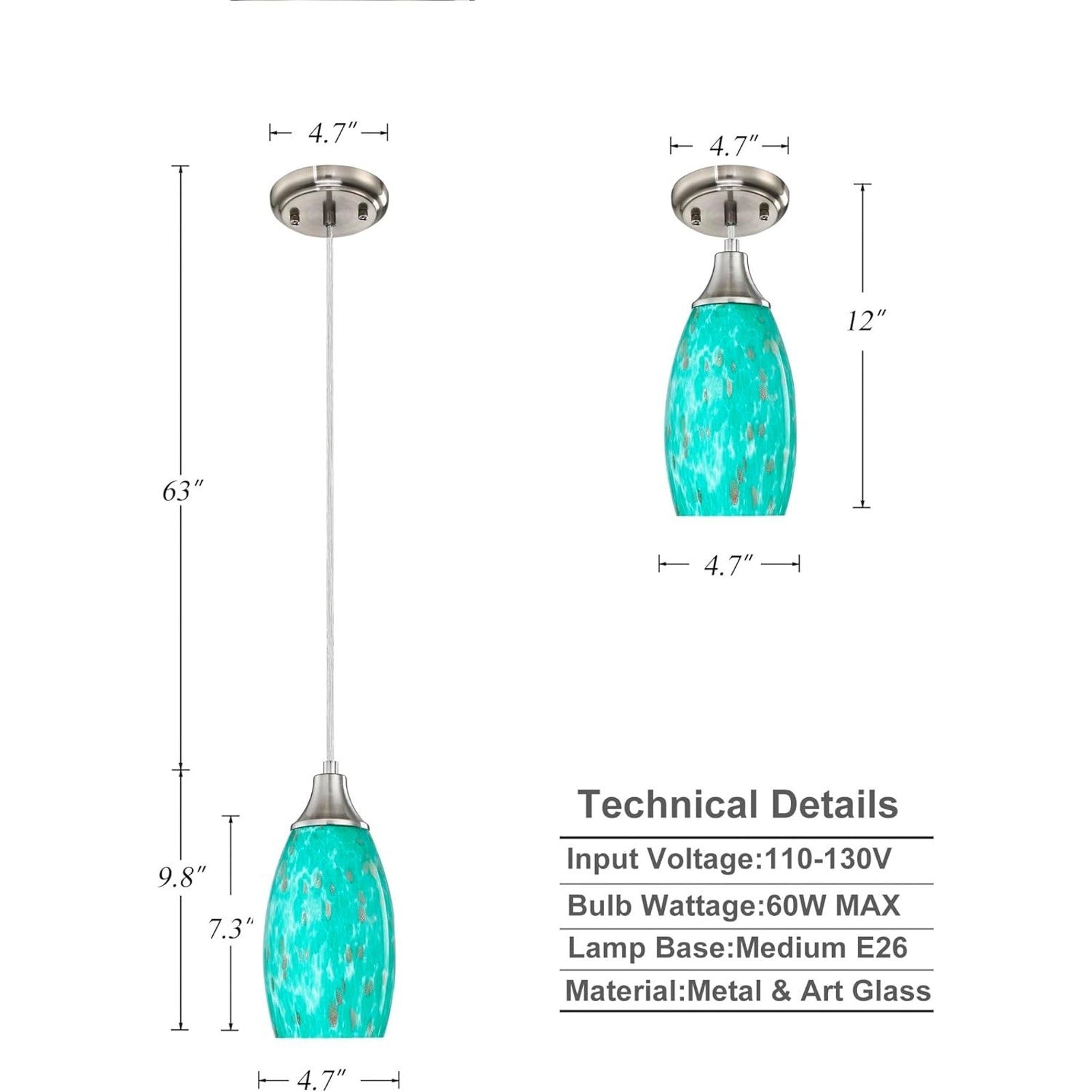 Karyfine Mini Art Blown Glass Pendant Light Fixture Blue w/ Gold - Adjustable