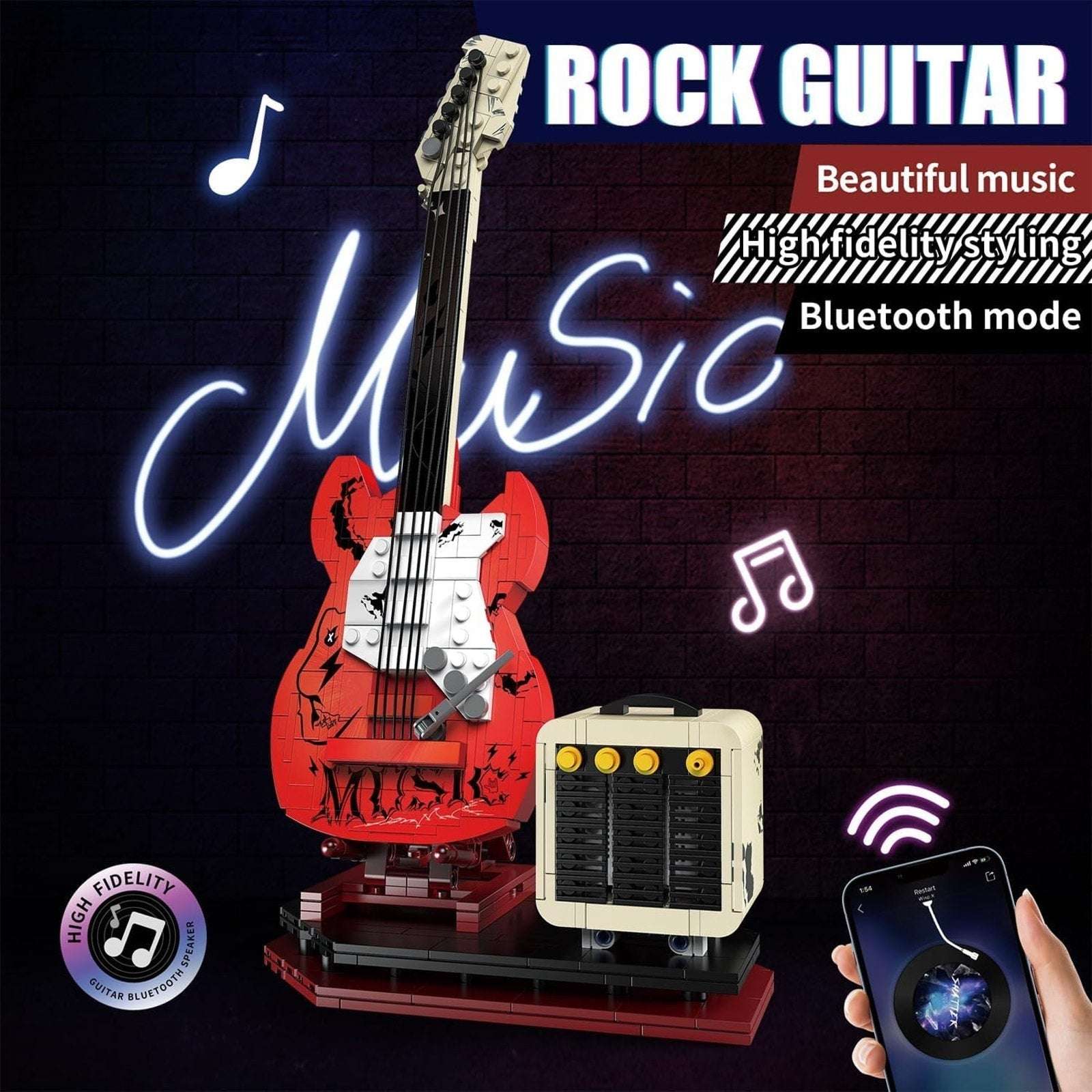 Electric Guitar Building Block Set w/ Reverb Amp Bluetooth Speaker -Music Lovers