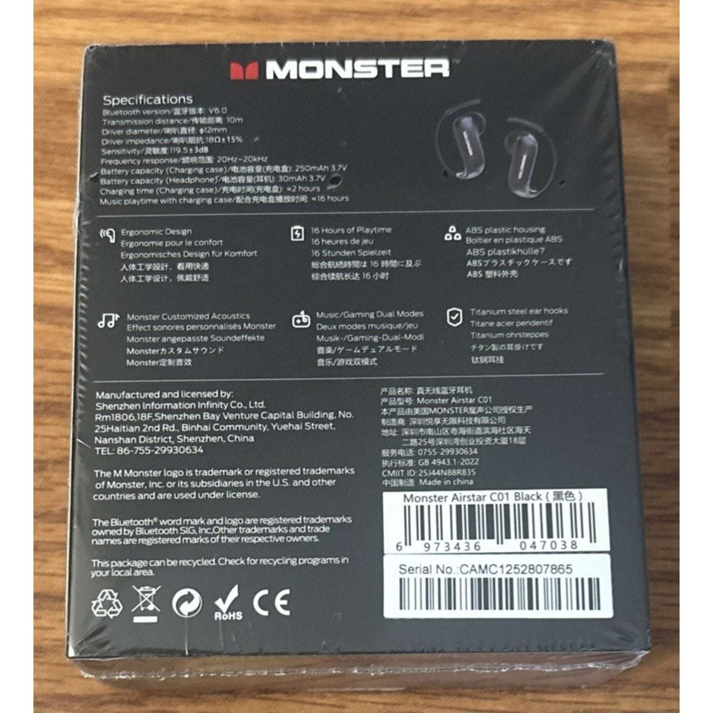 Monster Airstar C01 Air Conduction Wireless Headphones Earphones Black Sealed