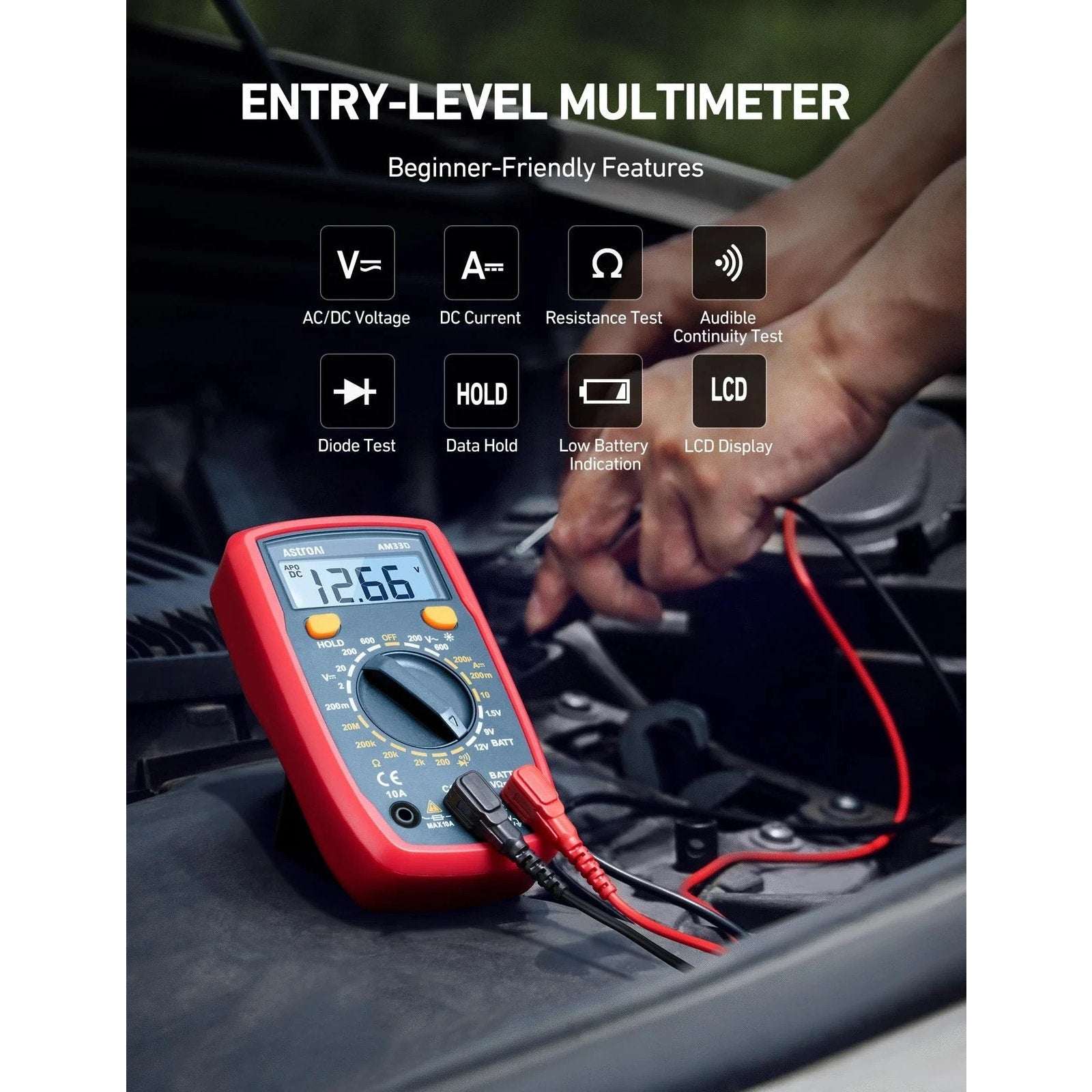 AstroAi Digital Multimeter Tester 2000 Counts DC AC Voltmeter & Ohm Volt Amp Met