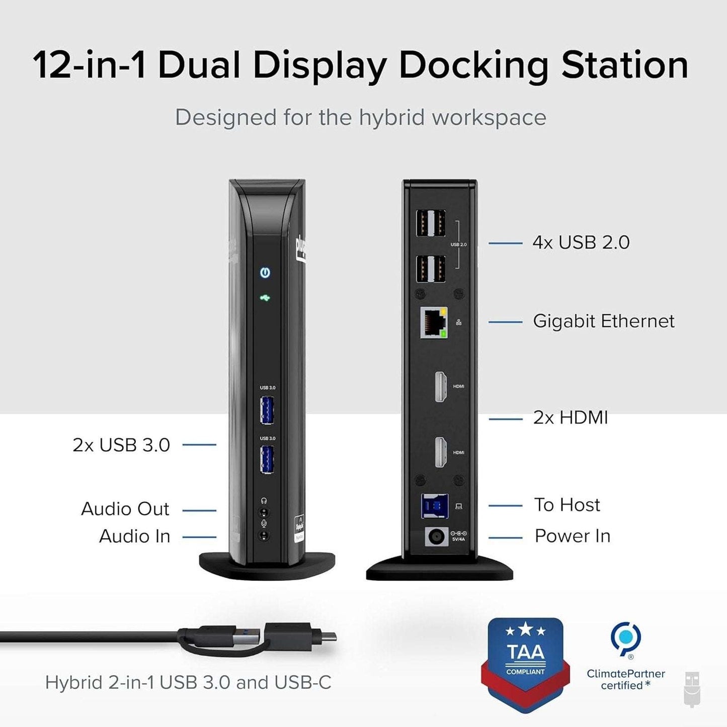 Plugable USB 3.0 and USB-C Dual HDMI Display Monitor Docking Station UD-3900