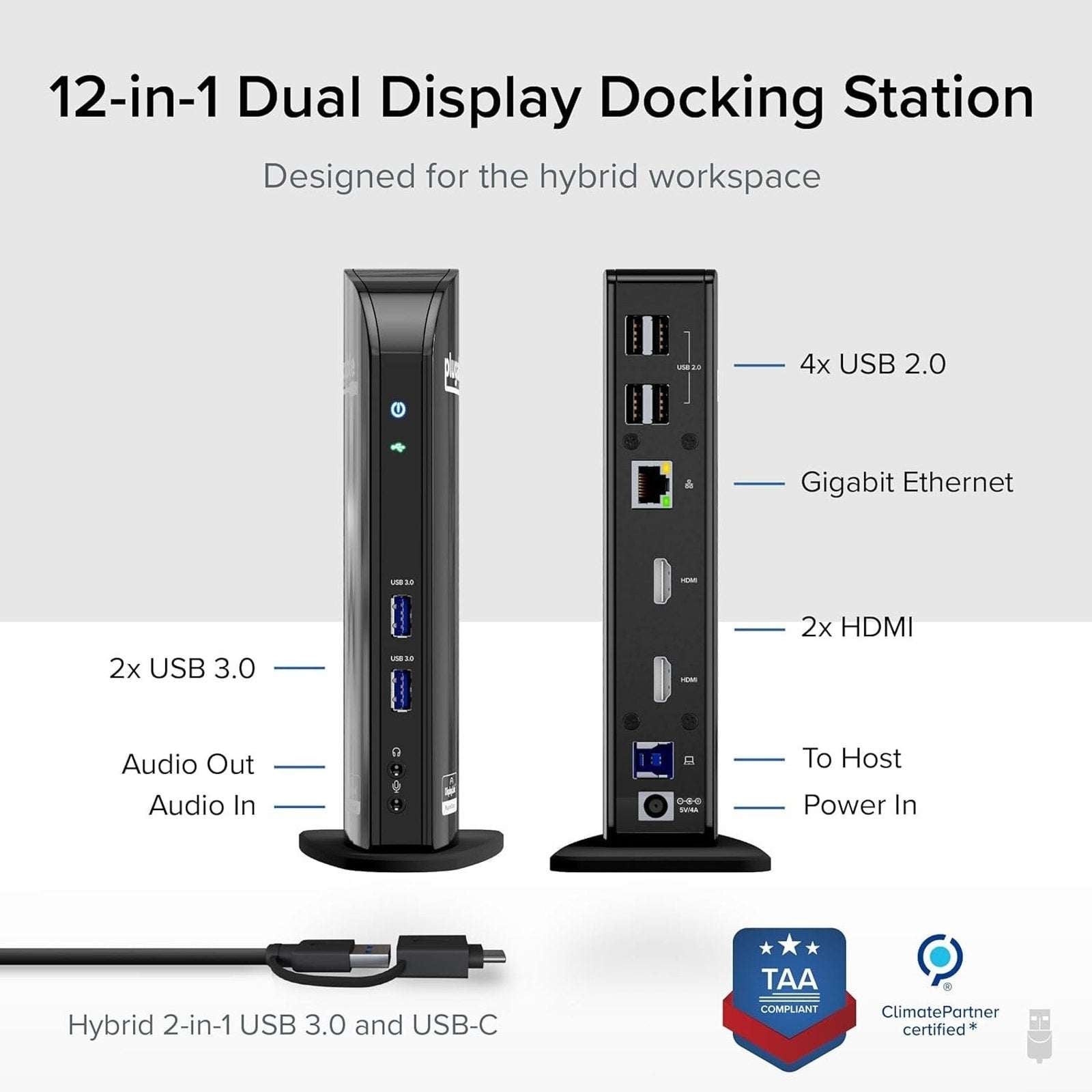 Plugable USB 3.0 and USB-C Dual HDMI Display Monitor Docking Station UD-3900