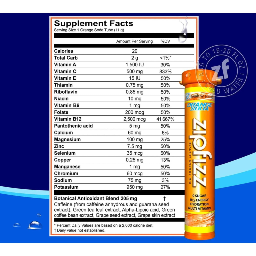 NEW Zipfizz Multi-Vitamin B12 Energy Electrolyte Drink Mix, 30 Tubes Orange Soda