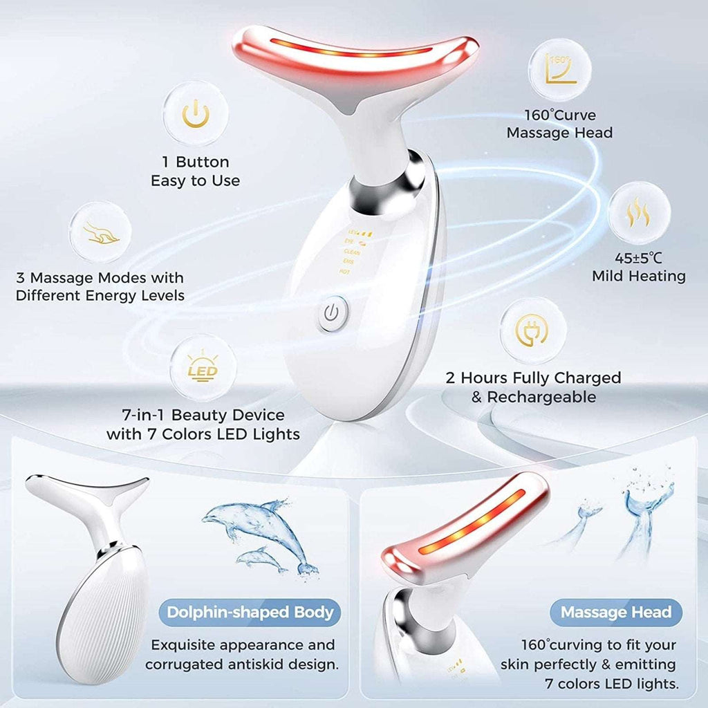 7-Color Anti-Aging Firming Face & Neck Massager w Heat EMS Red Light Beauty Devi