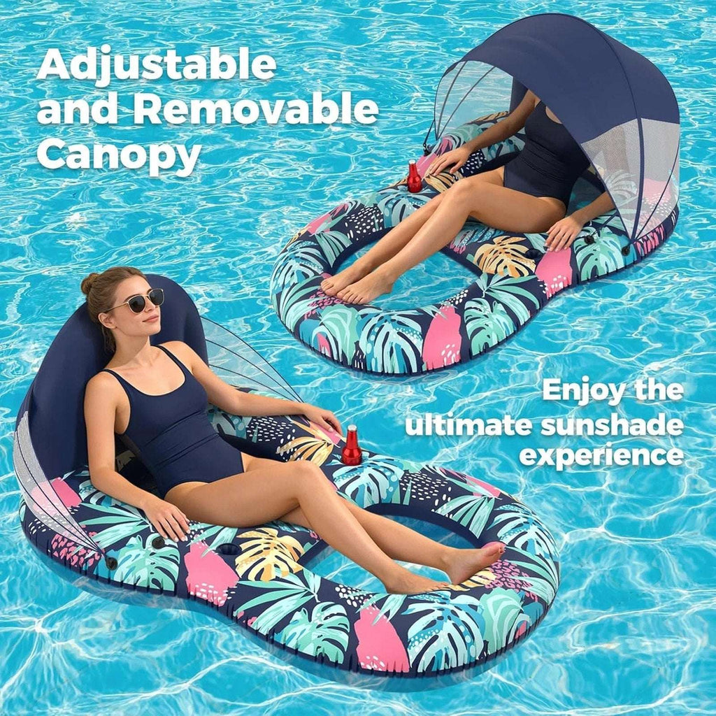 Pool Float w/ Canopy Inflatable Adult 60"x43" Lounger Raft w/ UPF 50+ Sunshade