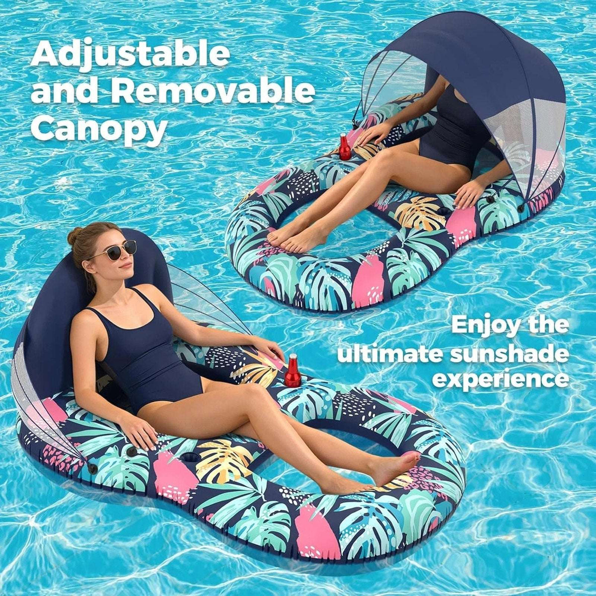 Pool Float w/ Canopy Inflatable Adult 60"x43" Lounger Raft w/ UPF 50+ Sunshade