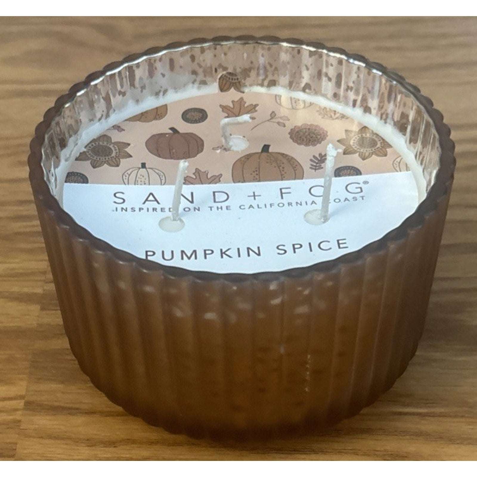 Sand + Fog Pumpkin Spice 16oz Essential Oils 3 Wick Candle in Amber Deco Holder