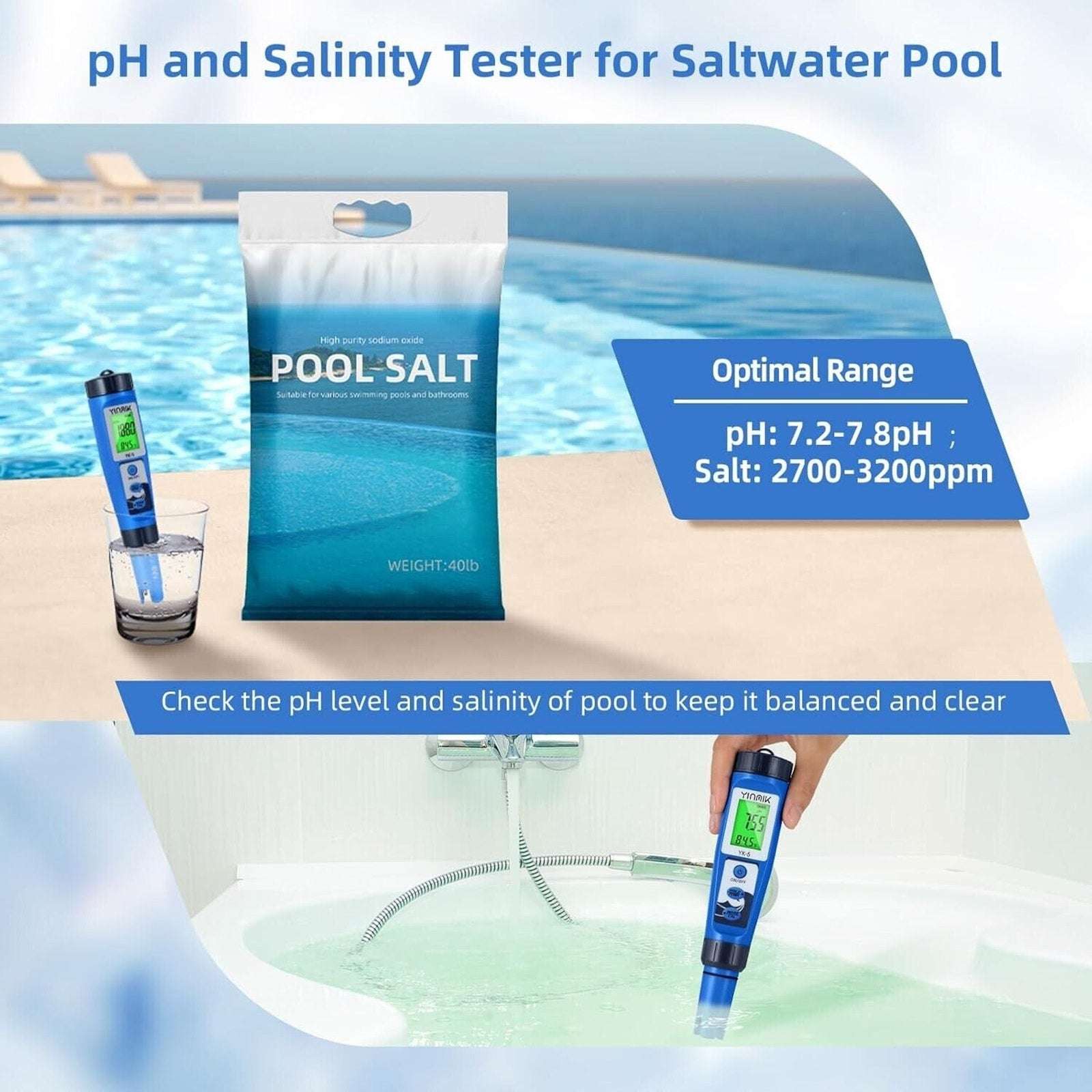 pH Salt Meter 5 in 1 Digital pH Salinity TDS EC Tester Pool Spa Aquarium Hydropo