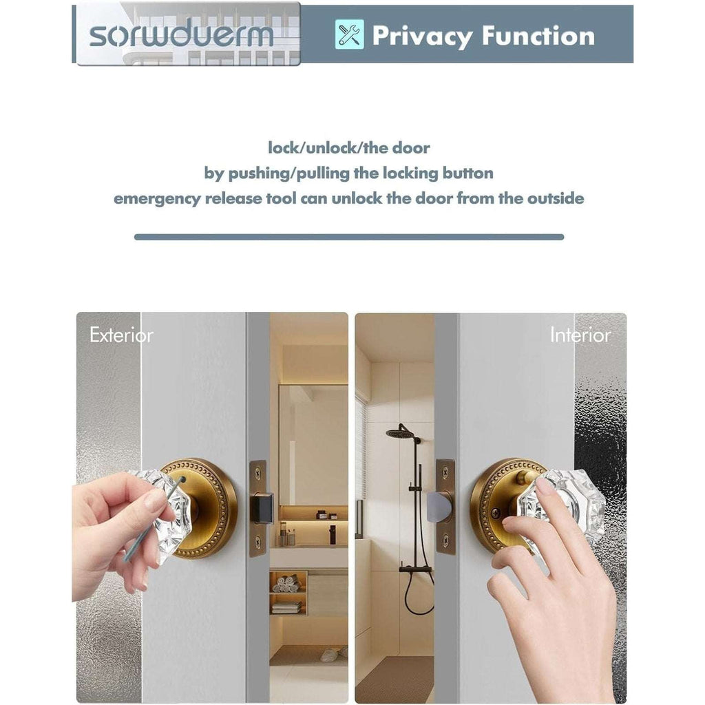 SORWDUERM Antique Brass and Crystal Door Knob Interior Privacy with Lock Button