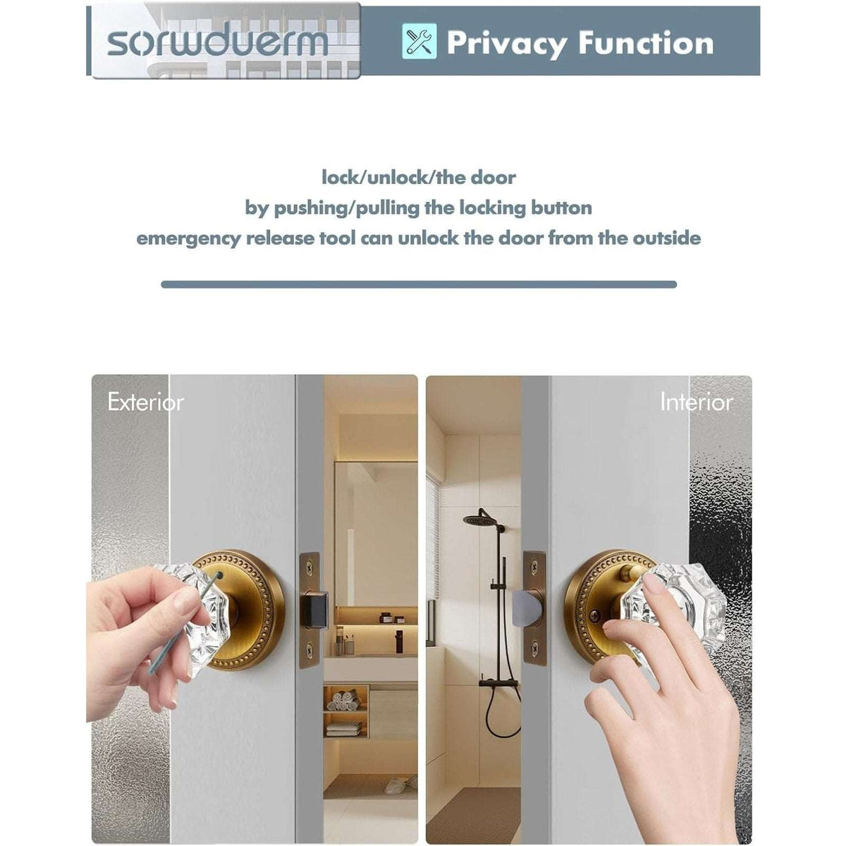 SORWDUERM Antique Brass and Crystal Door Knob Interior Privacy with Lock Button