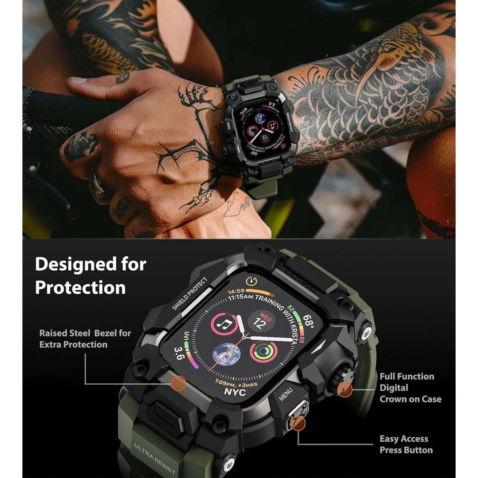 ULTIMAL Rugged Shockproof Case +Band for Apple Watch 45mm Series 9/8/7 ArmyGreen