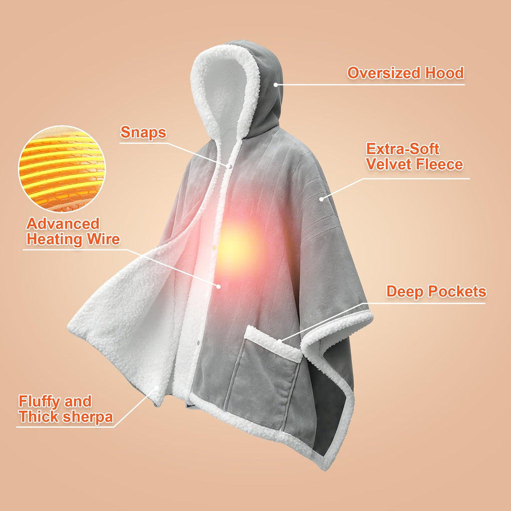 Wearable Sherpa & Velvet Heated Blanket with Hood & Pockets 6 Heat Levels, Timer