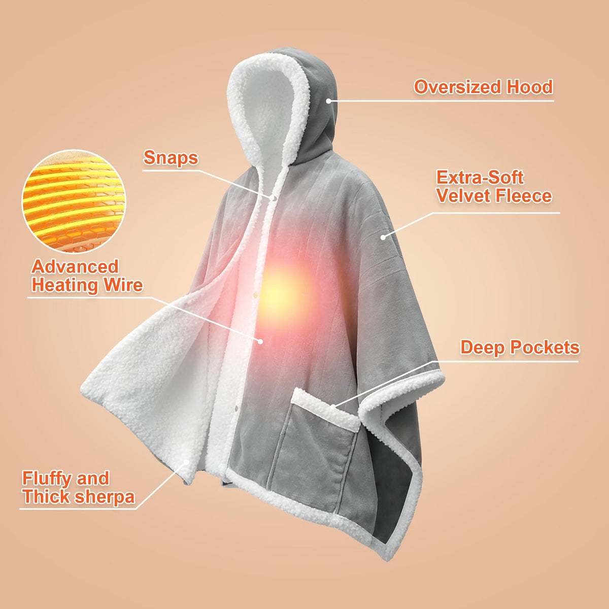 Wearable Sherpa & Velvet Heated Blanket with Hood & Pockets 6 Heat Levels, Timer