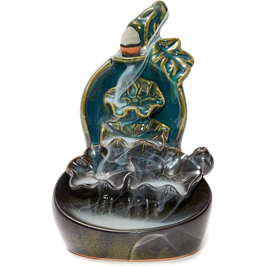 Ceramic Incense Waterfall Burner Backflow Smoke Censer Holder w/ 15 Cones, 7.7"