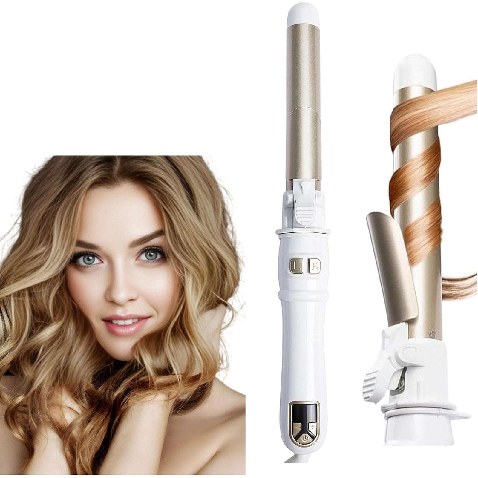 Automatic Rotating Curling Iron 28mm/1.1 Inch Professional Wand Waver White/Gold