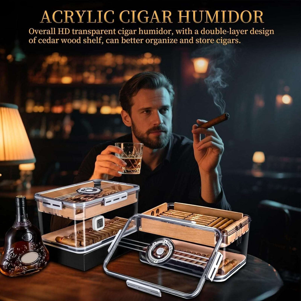 100 Cigar Humidor Clear Acrylic Spanish Cedar Shelf Age Dial Digital Hygrometer
