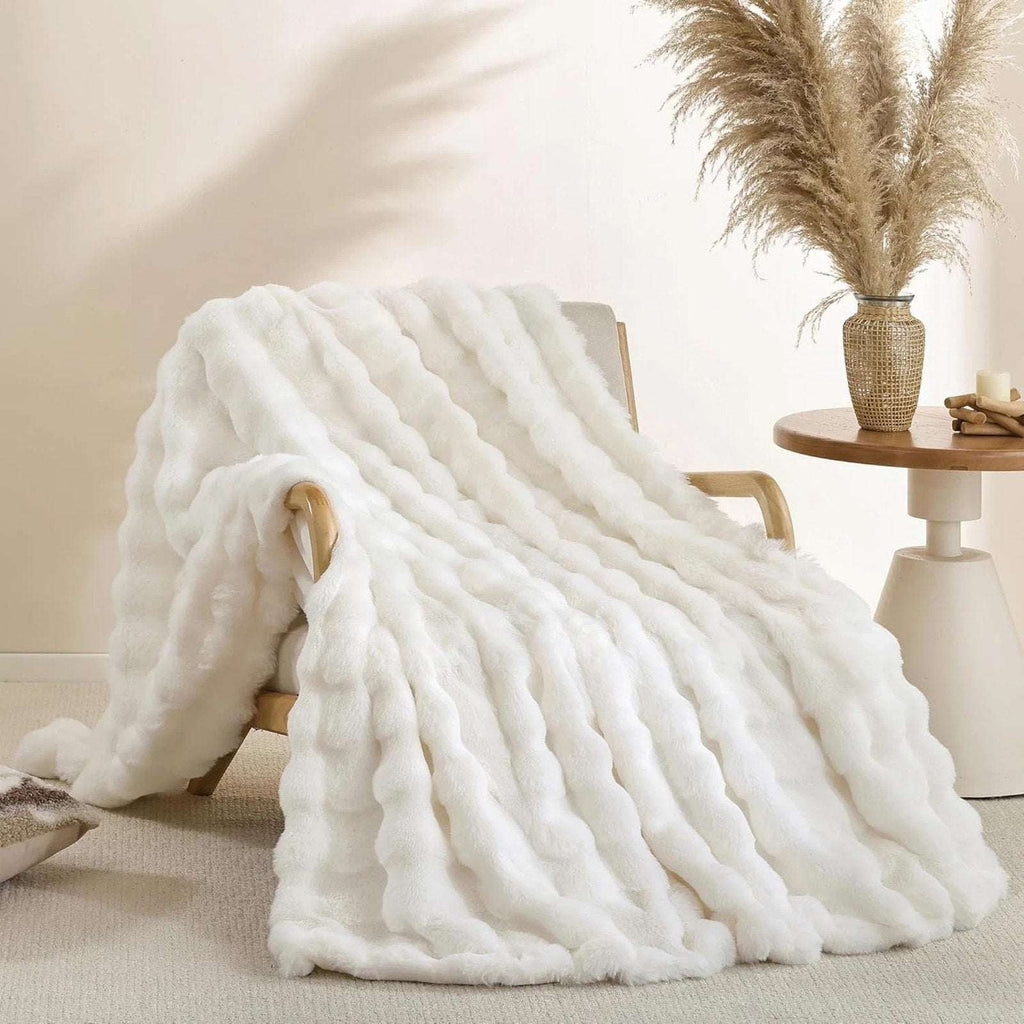 Faux Fur Throw Blanket – Cream White Fluffy Cozy Rabbit Fleece, Plush 50" x 60"