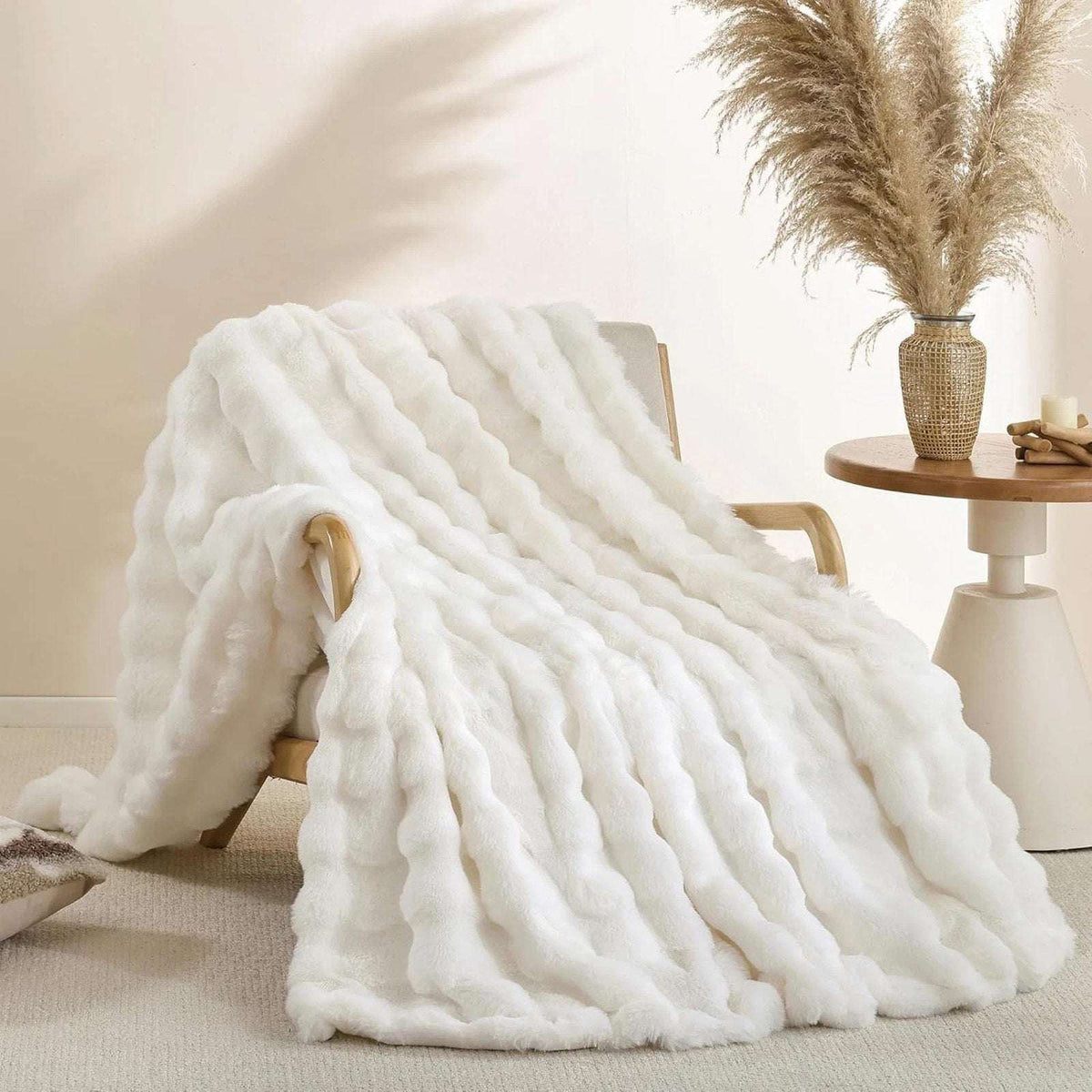 Faux Fur Throw Blanket – Cream White Fluffy Cozy Rabbit Fleece, Plush 50" x 60"