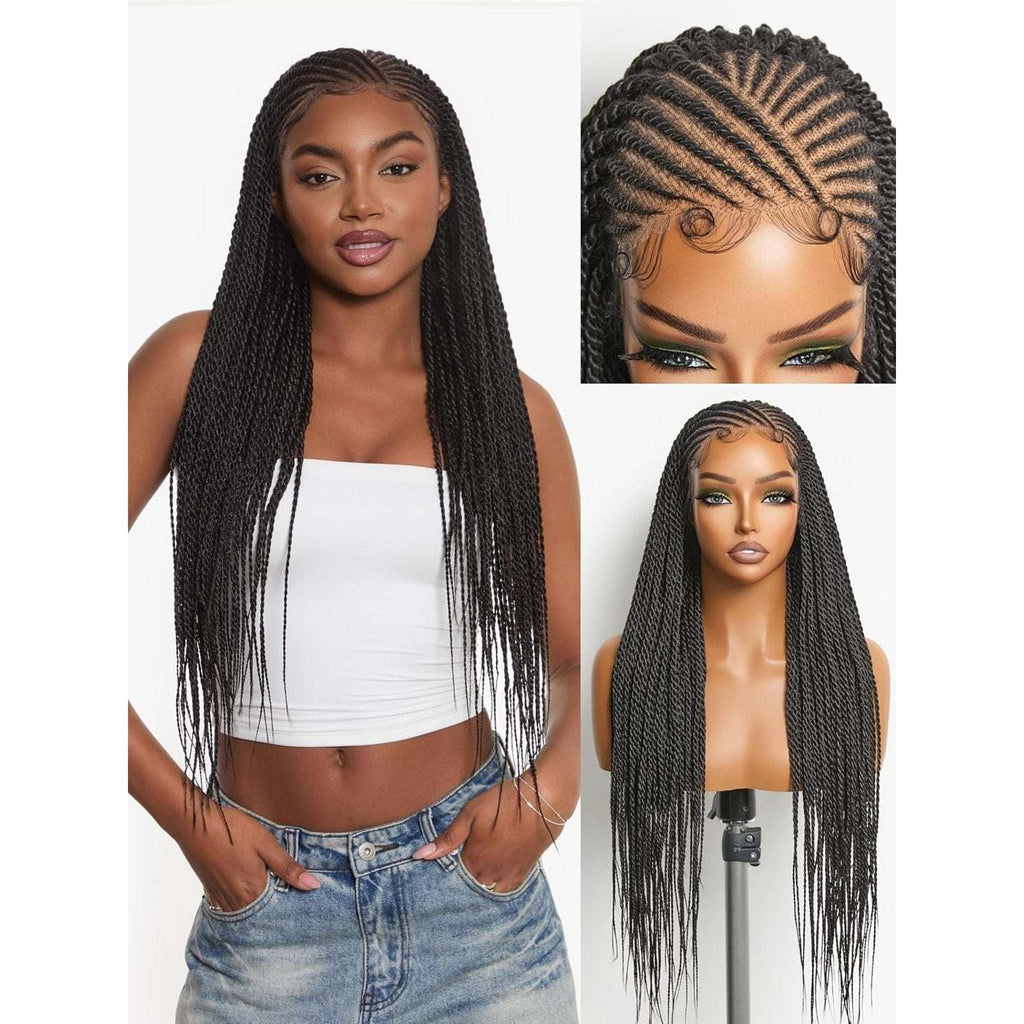 Boho 13X6 HD Lace Cornrow Twisted Braid Wig w/ Baby Hair 28" 180% Density Black