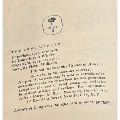 TRUE Vintage 1953 THE LONG WINTER by Laura Ingalls Wilder Hardcover Harper & Row