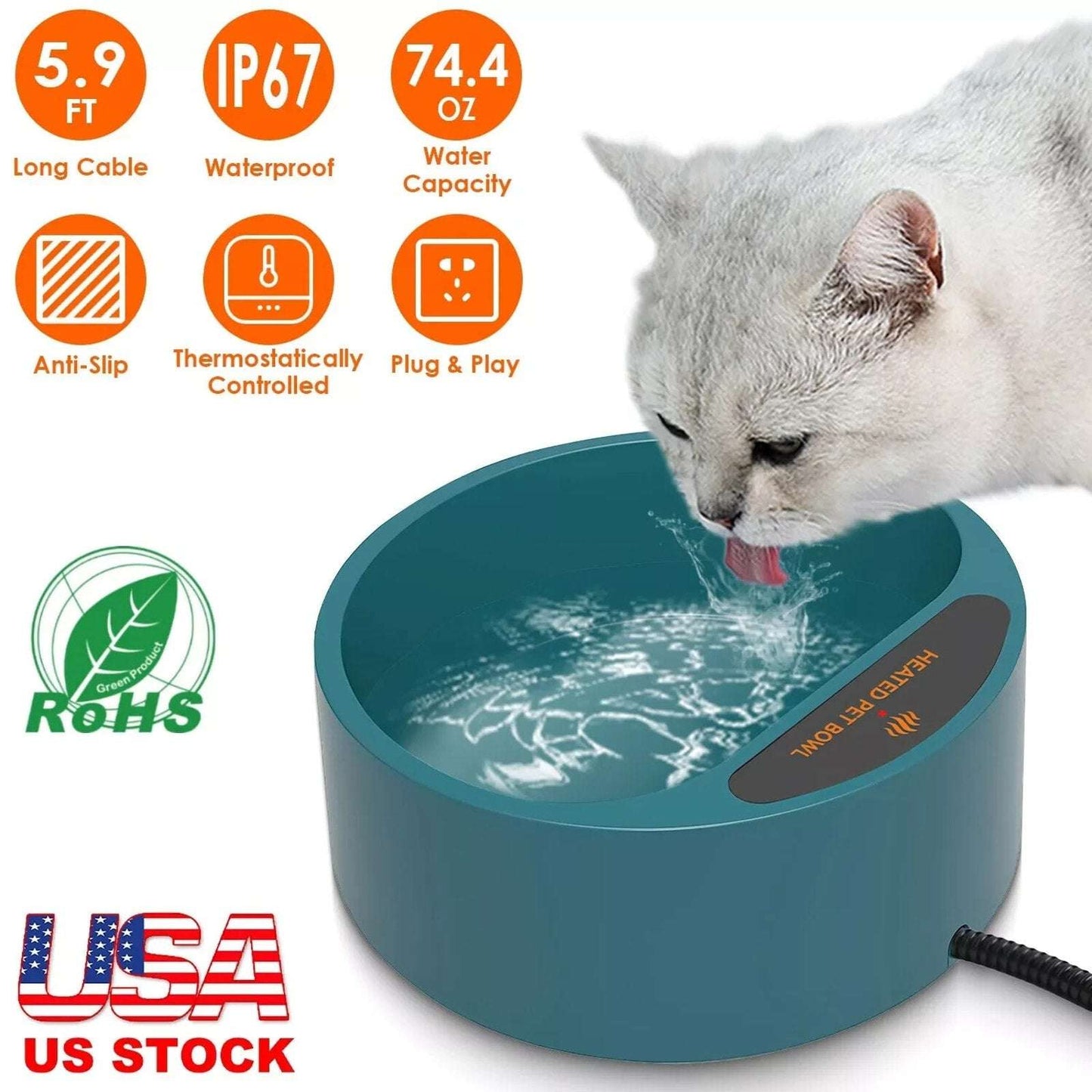 35W Heated Pet Water Bowl Waterproof Thermostatically Control AntiChew Cord 2.2L