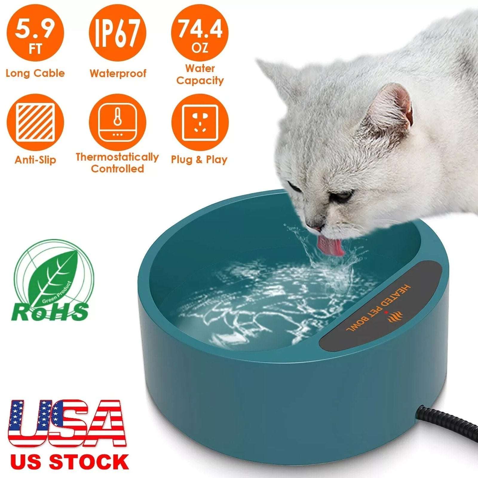 35W Heated Pet Water Bowl Waterproof Thermostatically Control AntiChew Cord 2.2L