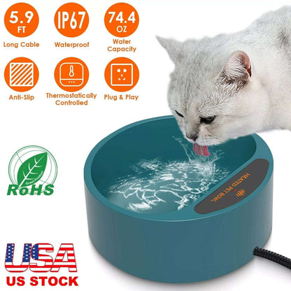 35W Heated Pet Water Bowl Waterproof Thermostatically Control AntiChew Cord 2.2L