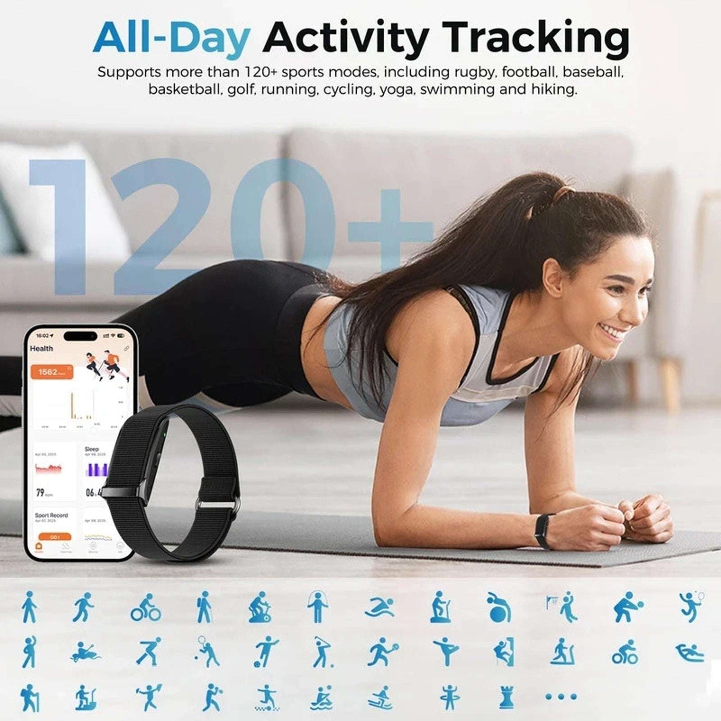 Smart Health Wristband, Wearable Activity & Fitness Tracker, 120+ Sports Modes